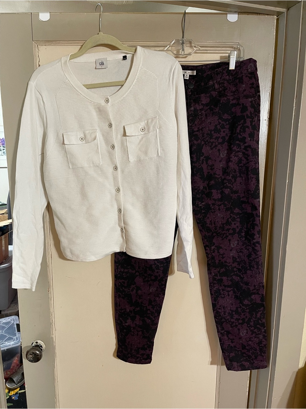 CAbi Twilight Camo Jeans w/ White Fencing Sweater Large